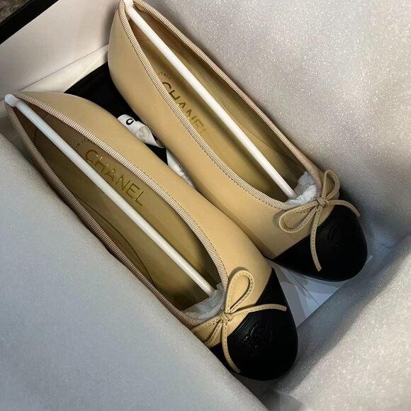 CHANEL Beige Lambskin Cap Toe Ballerina Flats - Picture 1 of 8